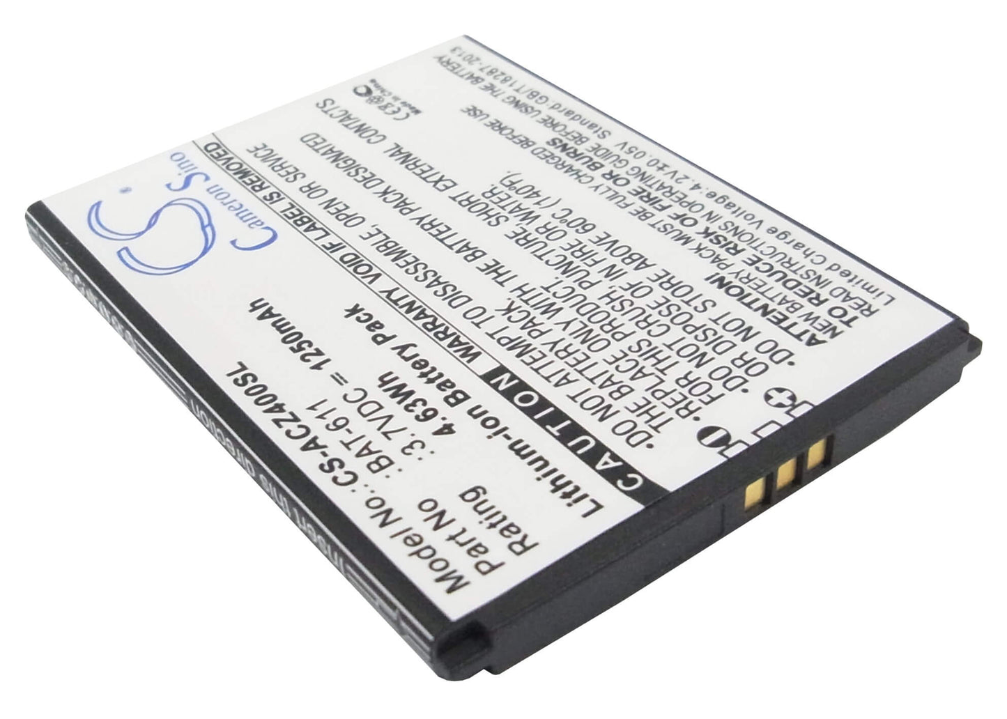 3.7V, 1250mAh, Li-ion Battery fits Acer, Liquid Z4, Z140, 4.625Wh
