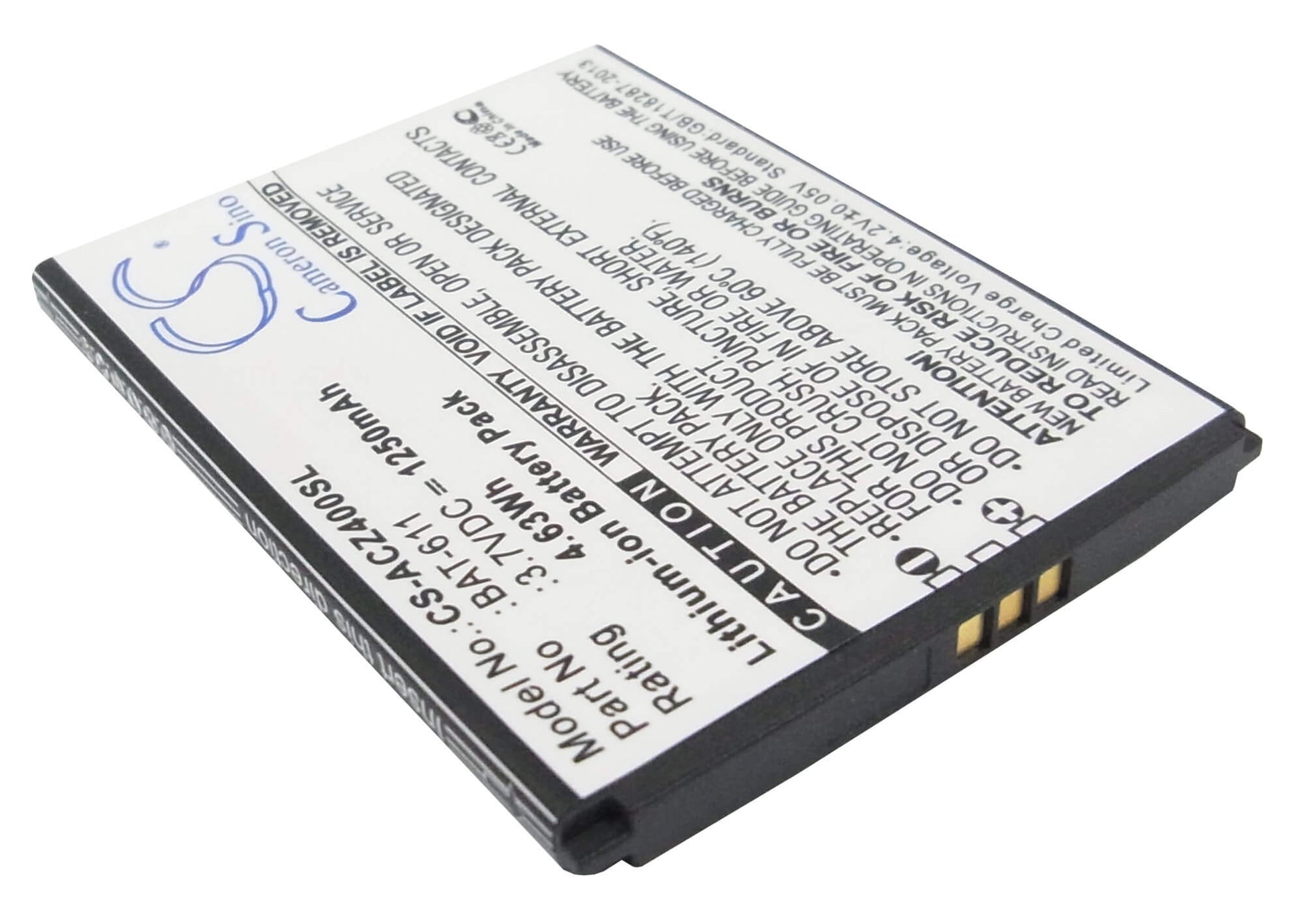 3.7V, 1250mAh, Li-ion Battery fits Acer, Liquid Z4, Z140, 4.625Wh