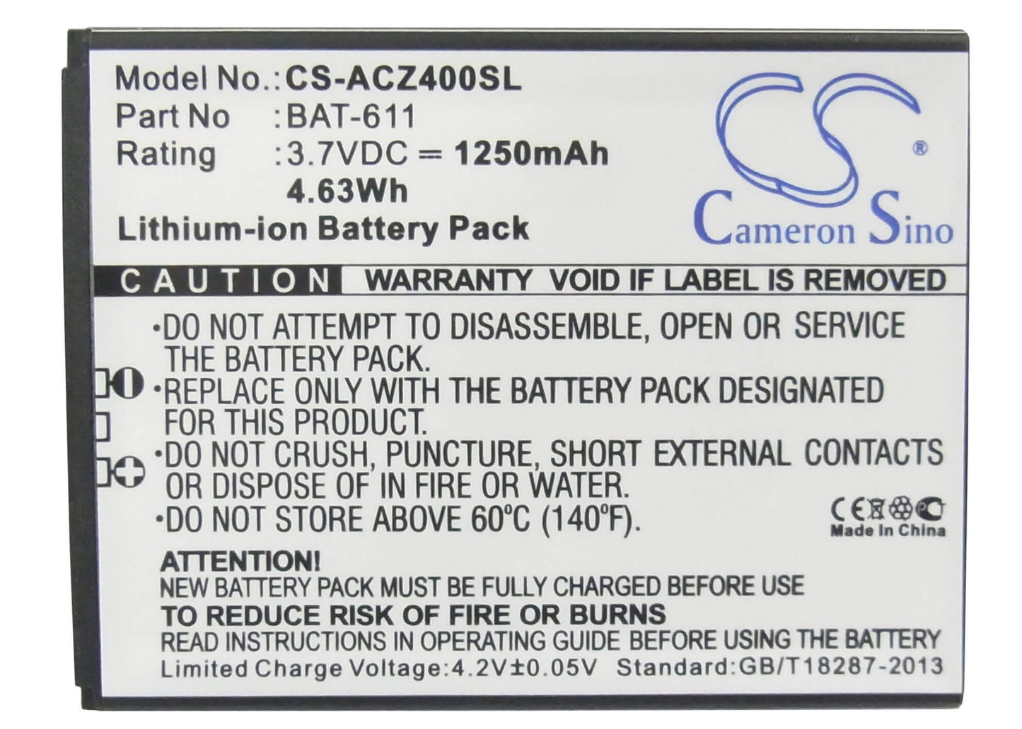 3.7V, 1250mAh, Li-ion Battery fits Acer, Liquid Z4, Z140, 4.625Wh