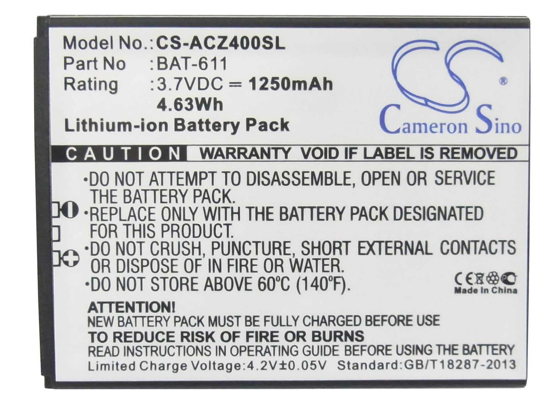3.7V, 1250mAh, Li-ion Battery fits Acer, Liquid Z4, Z140, 4.625Wh