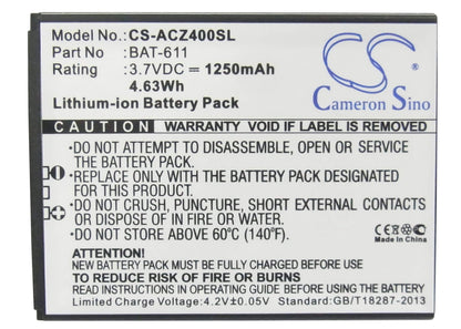 3.7V, 1250mAh, Li-ion Battery fits Acer, Liquid Z4, Z140, 4.625Wh