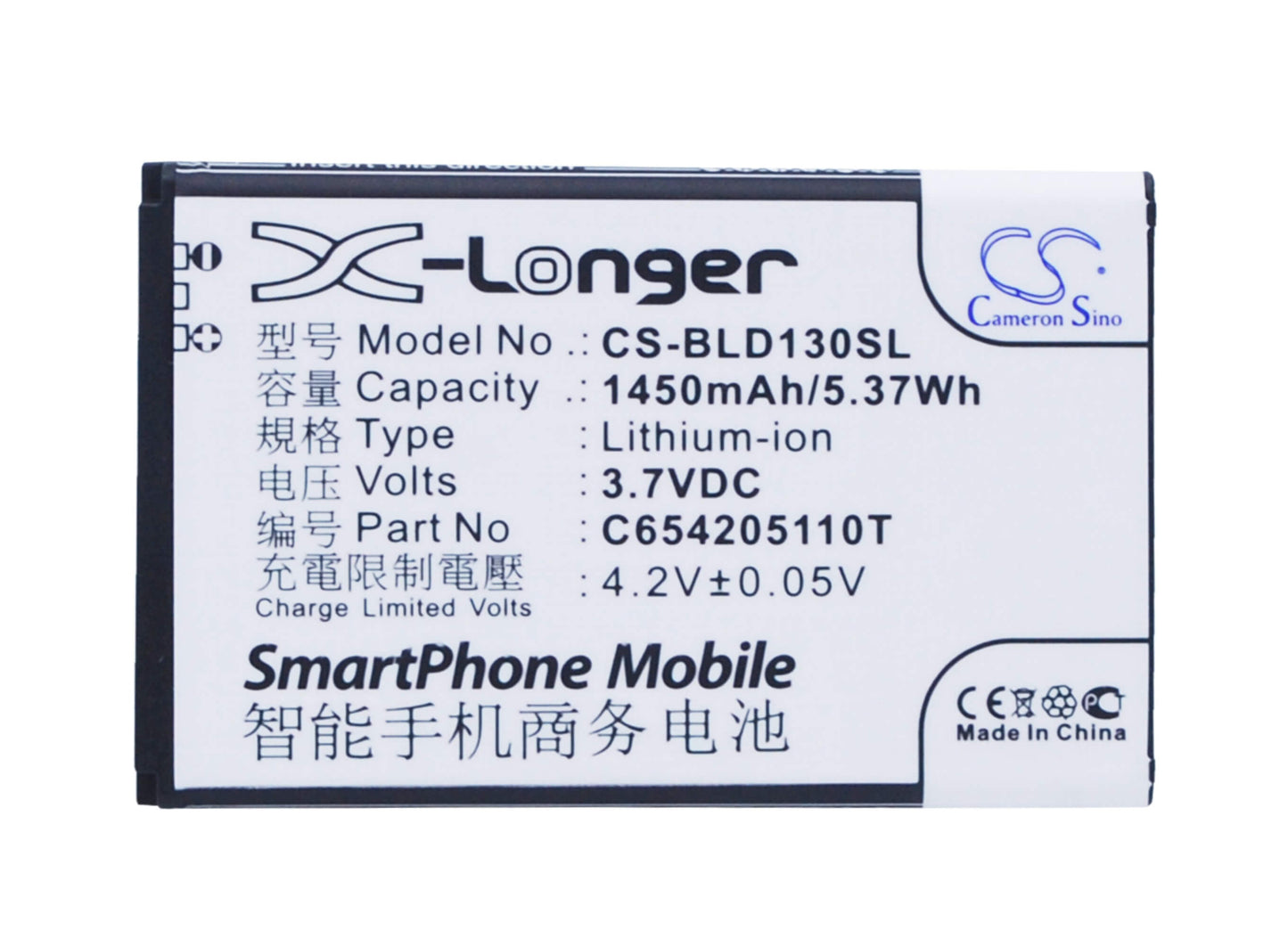 3.7V, 1450mAh, Li-ion Battery fits Blu, A130a, D120, 5.365Wh