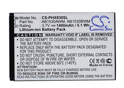 3.7V, 1400mAh, Li-ion Battery fits Philips, Xenium T910, Xenium X603, 5.18Wh