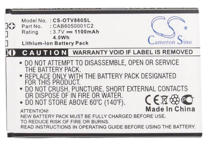 3.7V, 1100mAh, Li-ion Battery fits Alcatel, Ot-v860, V860, 4.07Wh