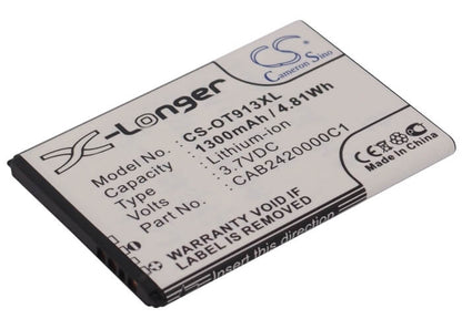 3.7V, 1300mAh, Li-ion Battery fits Alcatel, One Touch 913, One Touch 913d, 4.81Wh