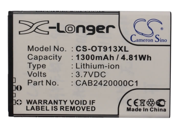 3.7V, 1300mAh, Li-ion Battery fits Alcatel, One Touch 913, One Touch 913d, 4.81Wh