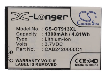 3.7V, 1300mAh, Li-ion Battery fits Alcatel, One Touch 913, One Touch 913d, 4.81Wh