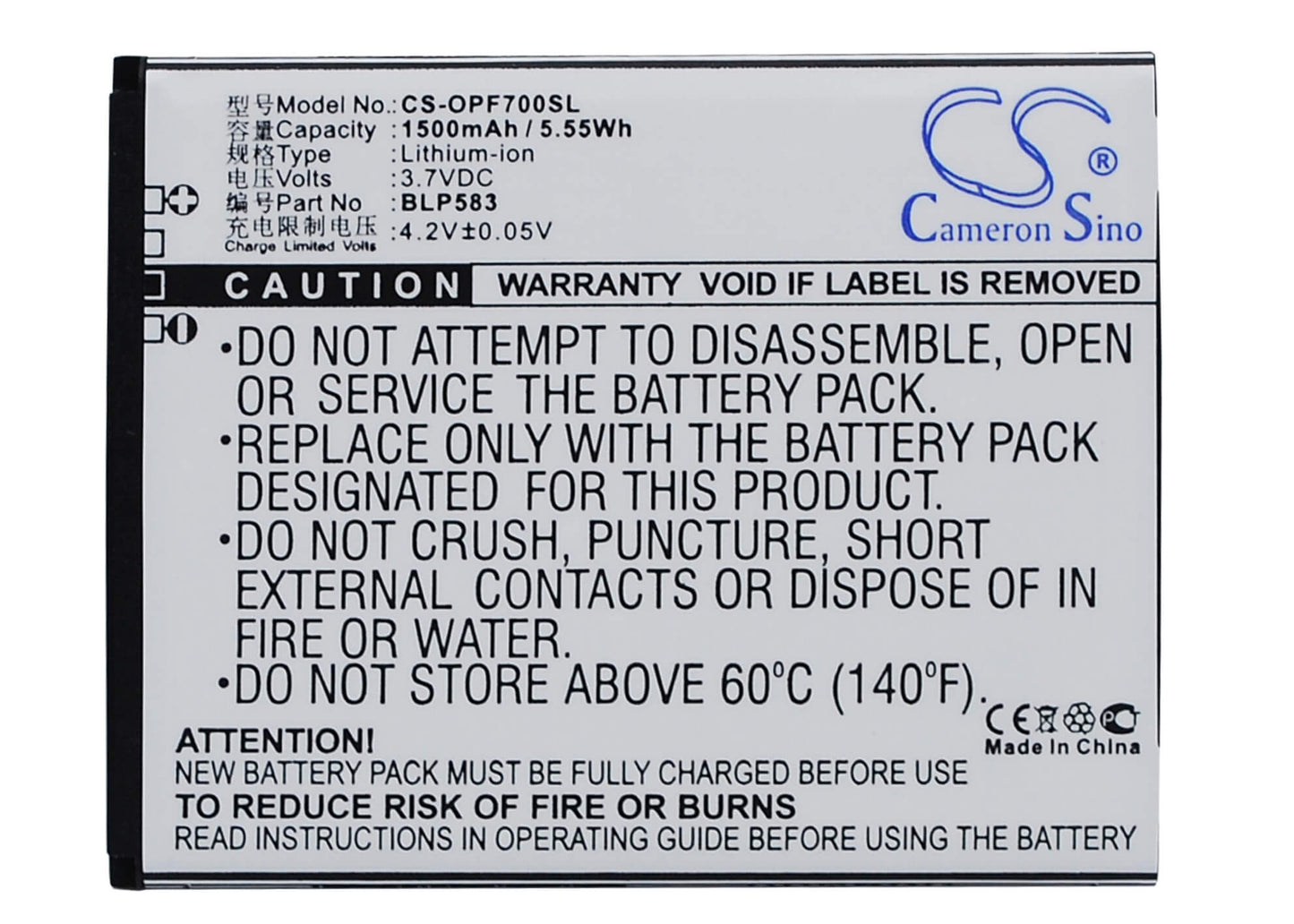 3.7V, 1500mAh, Li-ion Battery fits Oppo, 1105, 1107, 5.55Wh