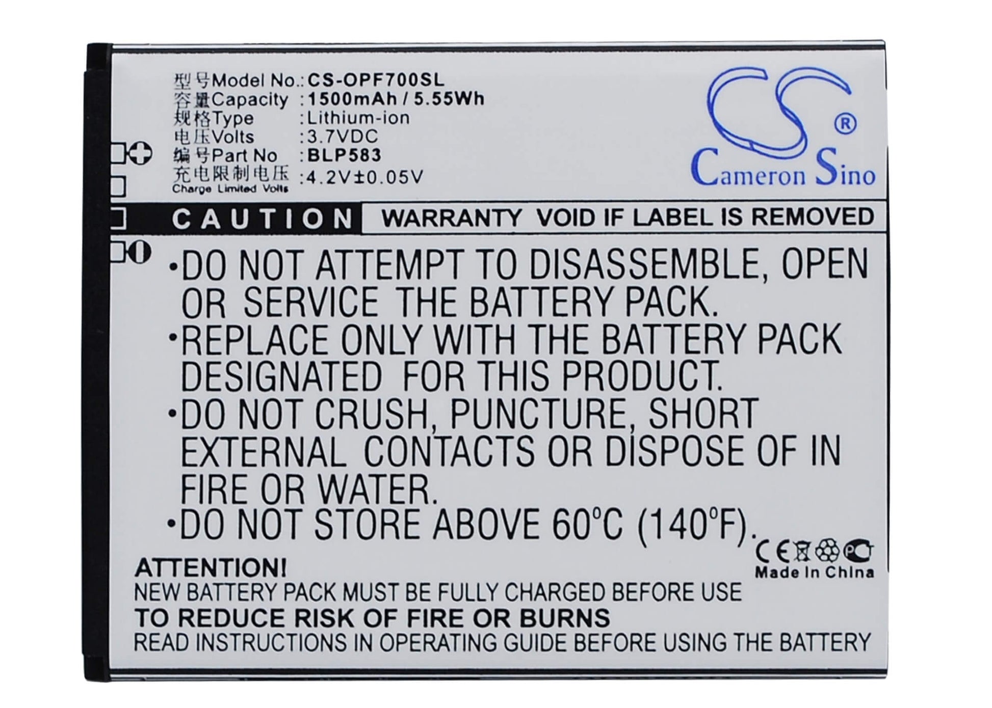 3.7V, 1500mAh, Li-ion Battery fits Oppo, 1105, 1107, 5.55Wh