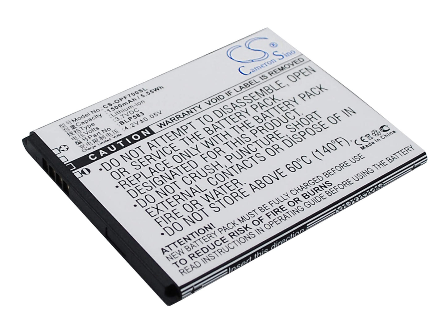 3.7V, 1500mAh, Li-ion Battery fits Oppo, 1105, 1107, 5.55Wh
