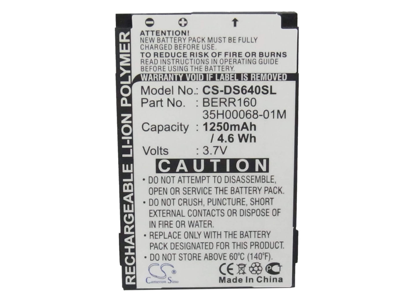 3.7V, 1250mAh, Li-Polymer Battery fits Htc, Iris, Iris 100, 4.625Wh
