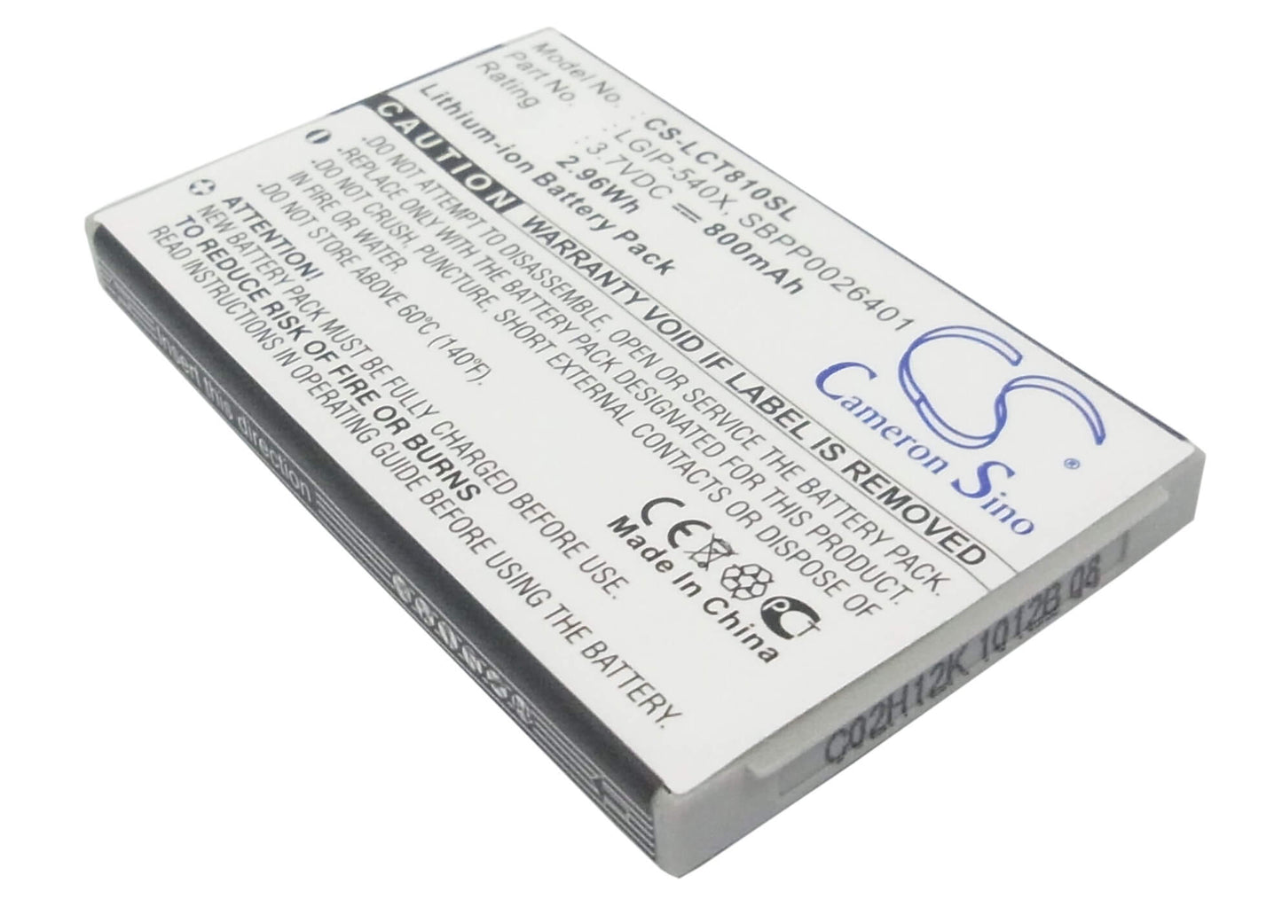 3.7V, 800mAh, Li-ion Battery fits Lg, Ct810, Ct810 Incite, 2.96Wh