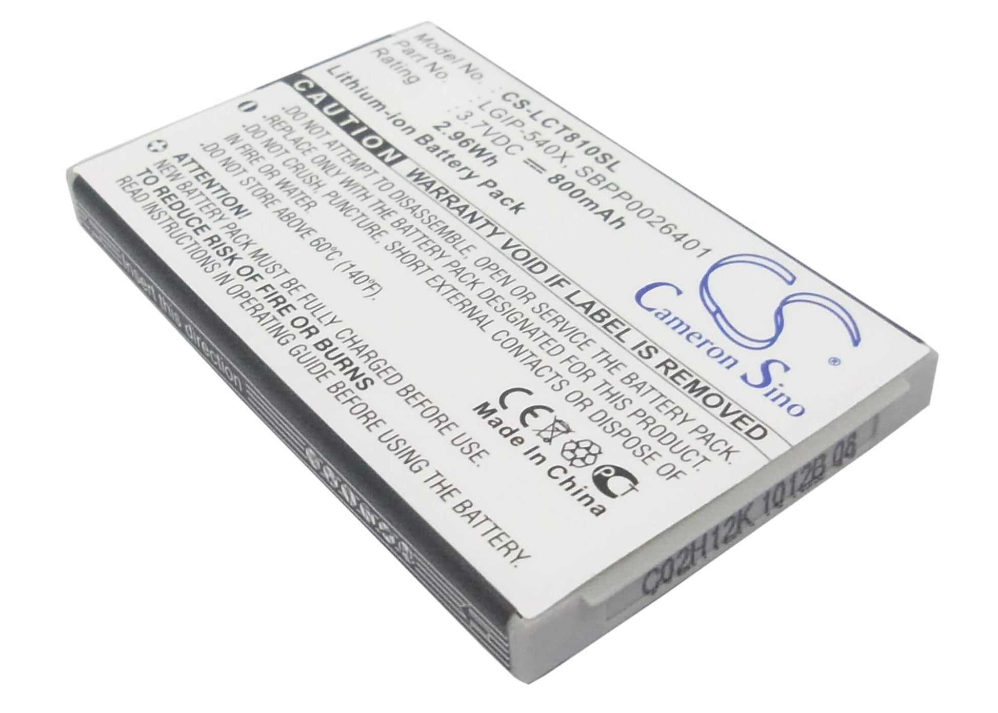 3.7V, 800mAh, Li-ion Battery fits Lg, Ct810, Ct810 Incite, 2.96Wh