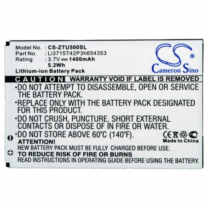 3.7V, 1400mAh, Li-ion Battery fits Zte, E760, Raise, 5.18Wh