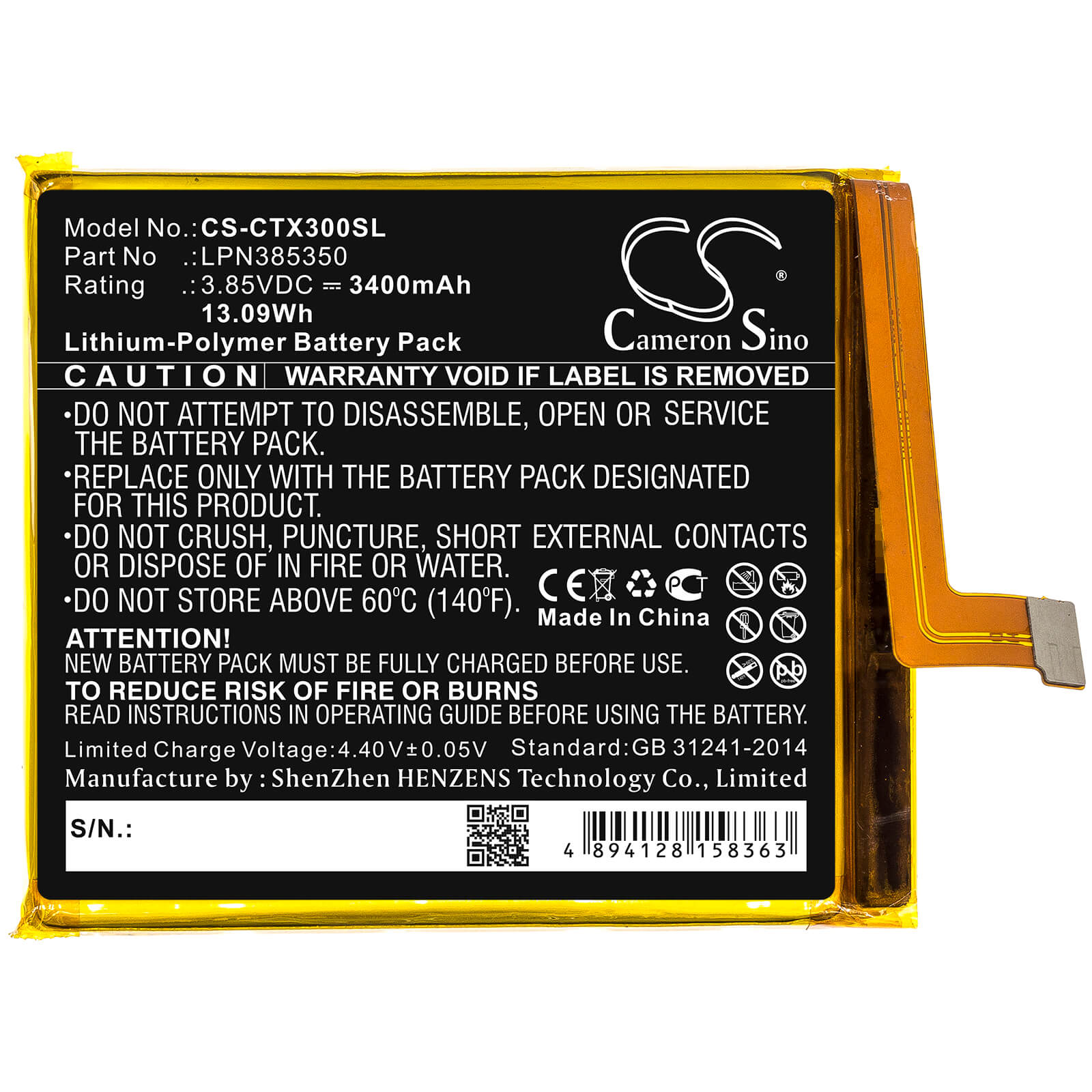 3.85V, 3400mAh, Li-Polymer Battery fits Crosscall, Action X3, Action-x3, 13.09Wh