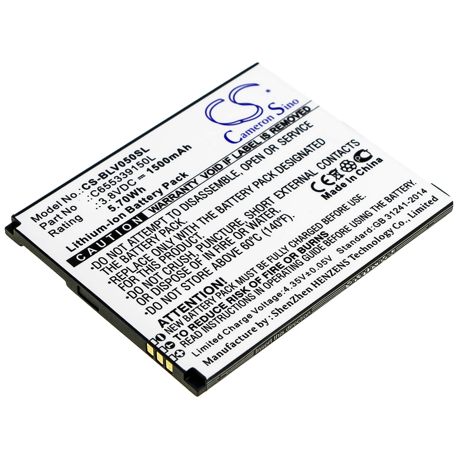 3.8V, 1500mAh, Li-ion Battery fits Blu, V050, Vivo 5 Mini, 5.7Wh