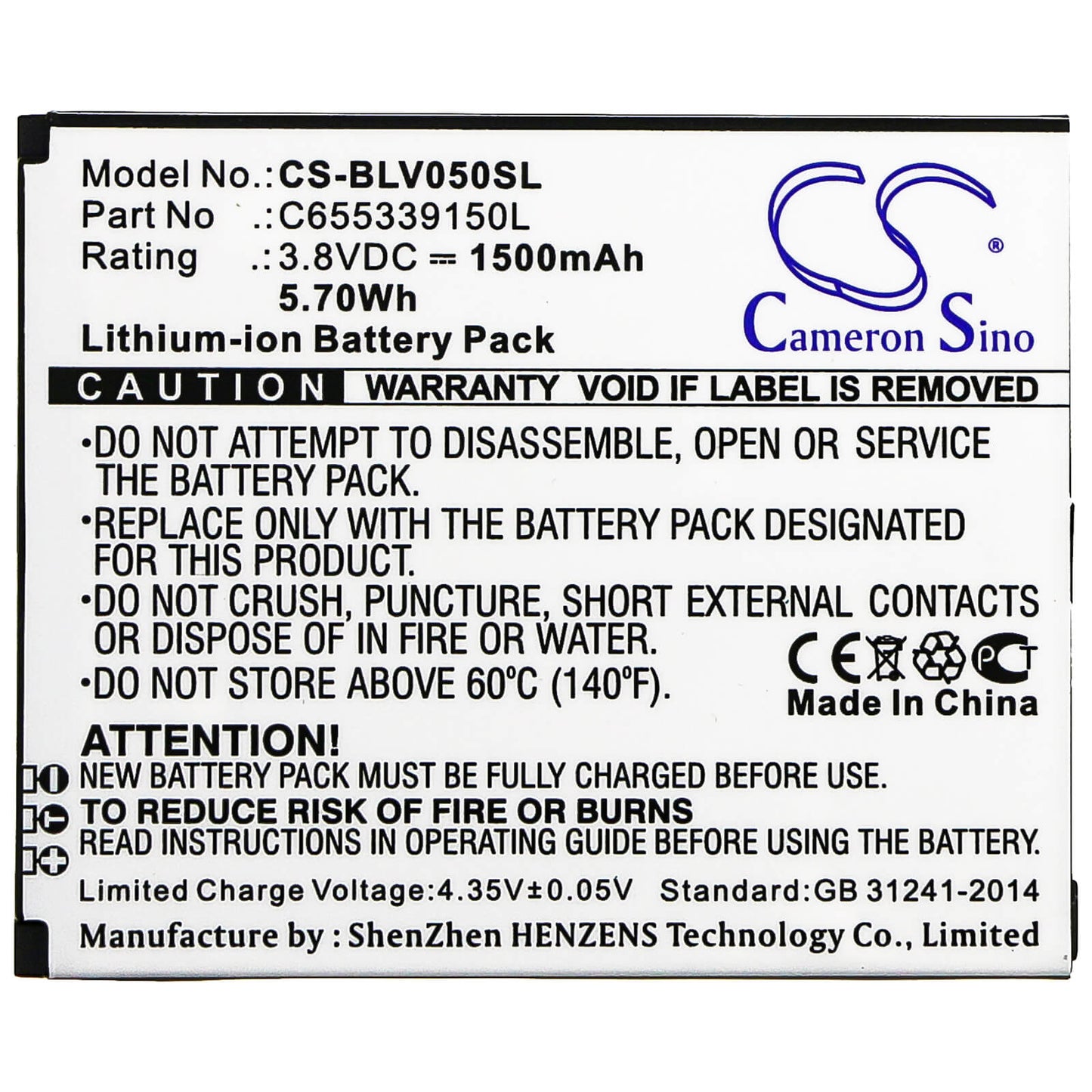 3.8V, 1500mAh, Li-ion Battery fits Blu, V050, Vivo 5 Mini, 5.7Wh
