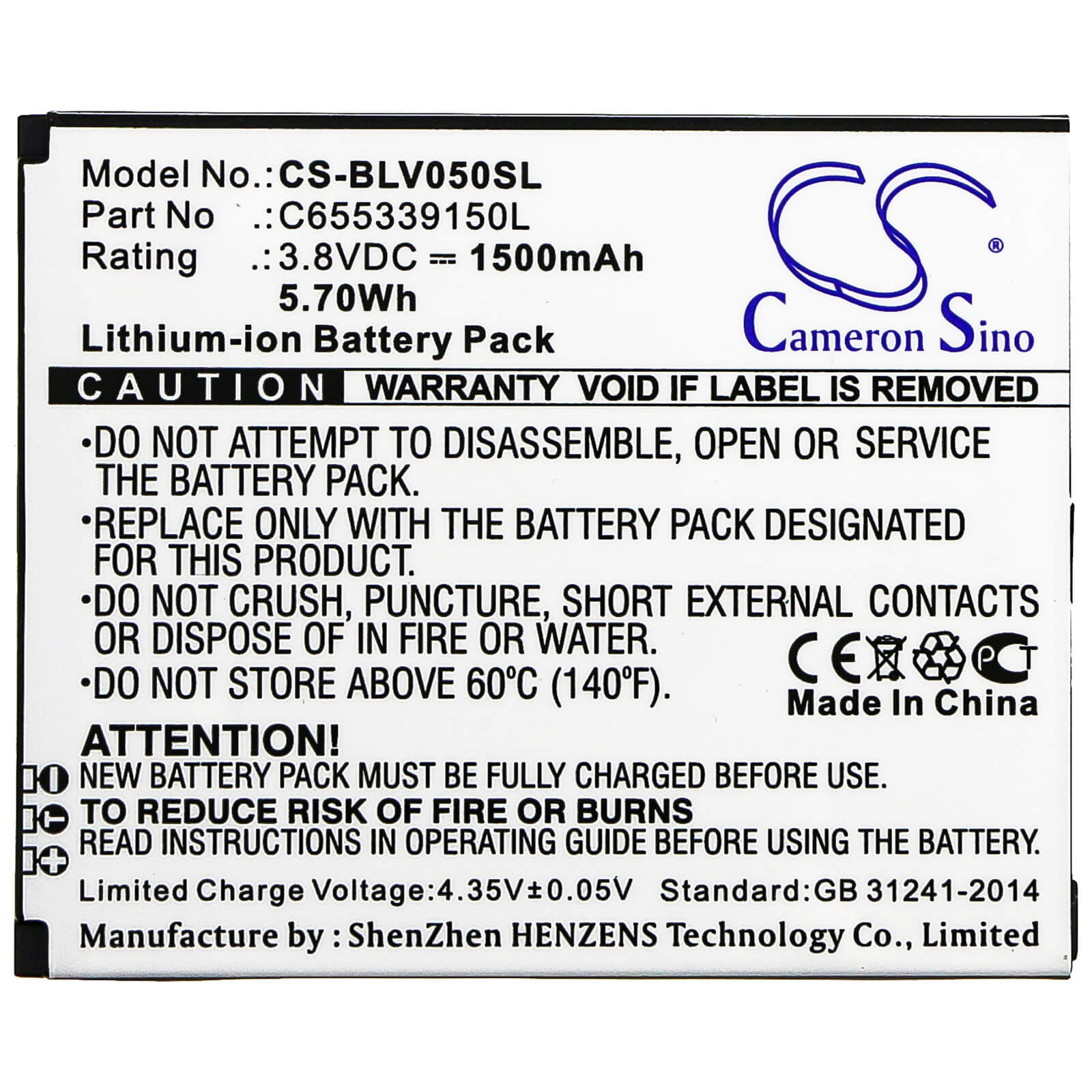 3.8V, 1500mAh, Li-ion Battery fits Blu, V050, Vivo 5 Mini, 5.7Wh