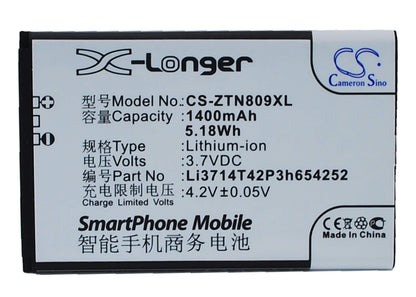 3.7V, 1400mAh, Li-ion Battery fits Zte, U809, V809, 5.18Wh