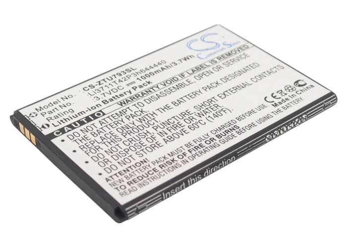 3.7V, 1000mAh, Li-ion Battery fits Zte, U793, 3.7Wh