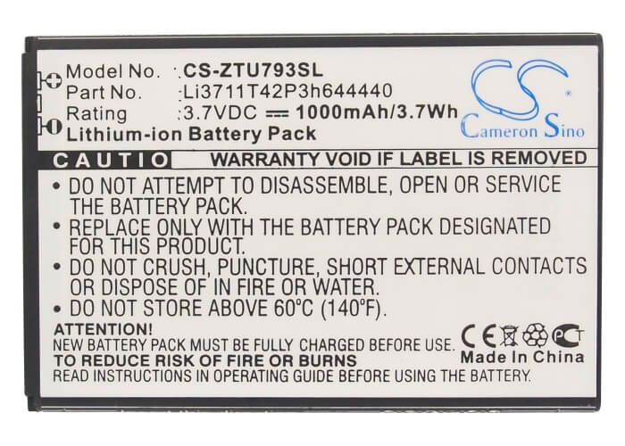 3.7V, 1000mAh, Li-ion Battery fits Zte, U793, 3.7Wh