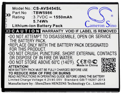 3.7V, 1550mAh, Li-ion Battery fits Archos, 45 Helium 4g, 45b Helium 4g, 5.735Wh
