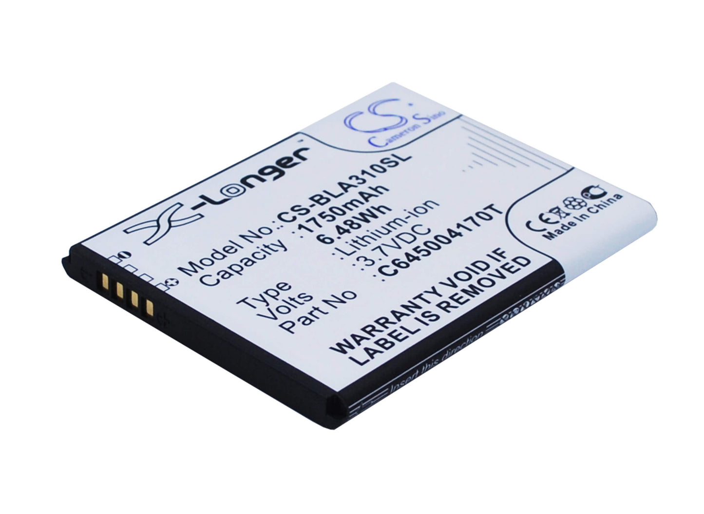 3.7V, 1750mAh, Li-ion Battery fits Blu, A310, Advance 4.5, 6.475Wh