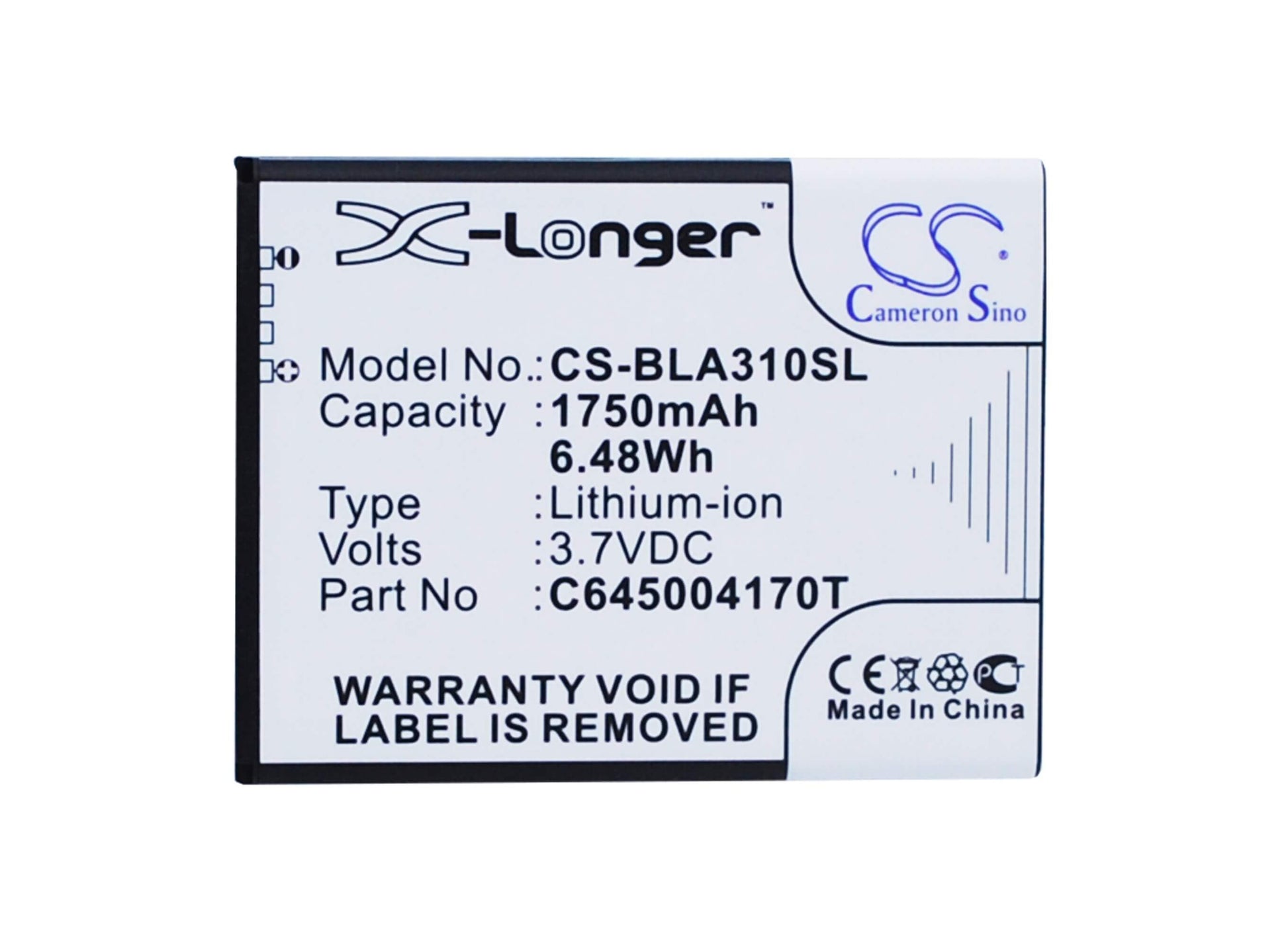 3.7V, 1750mAh, Li-ion Battery fits Blu, A310, Advance 4.5, 6.475Wh