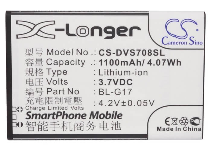 3.7V, 1100mAh, Li-ion Battery fits Doov, Ieva D708, S708, 4.07Wh
