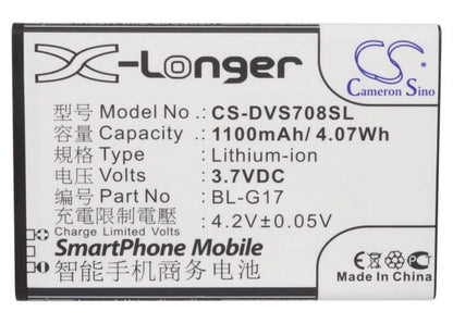 3.7V, 1100mAh, Li-ion Battery fits Doov, Ieva D708, S708, 4.07Wh