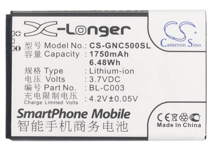 3.7V, 1750mAh, Li-ion Battery fits Gionee, C500, C600, 6.475Wh
