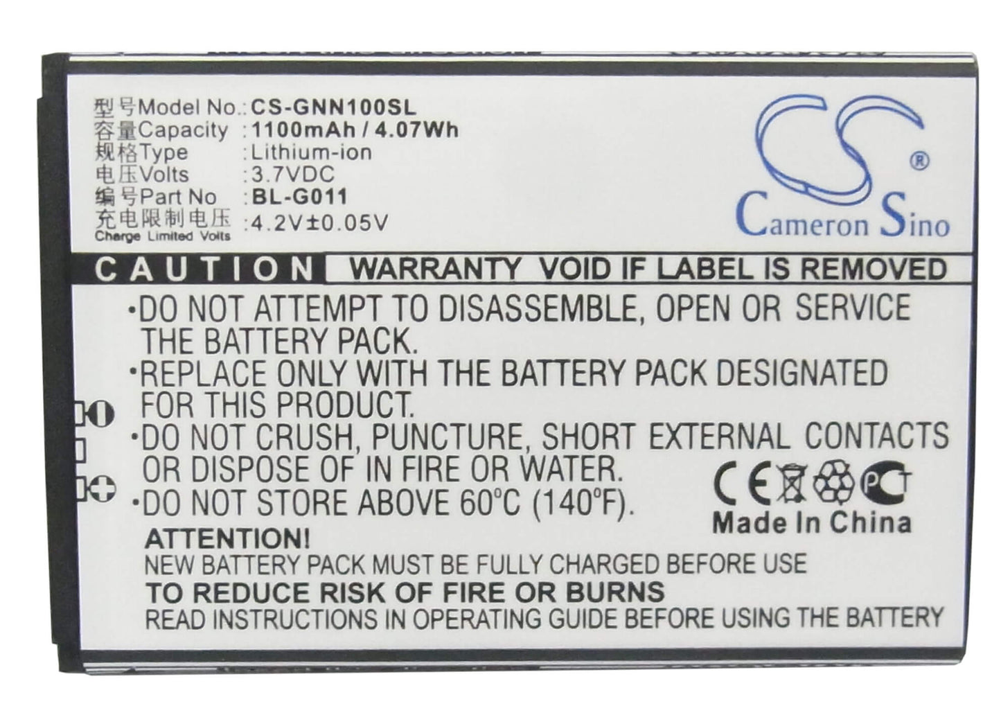 3.7V, 1100mAh, Li-ion Battery fits Gionee, Gn100, Gn100t, 4.07Wh