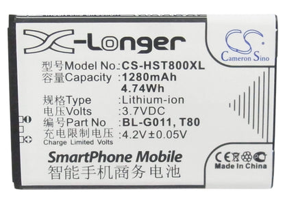 3.7V, 1280mAh, Li-ion Battery fits Hisense, T80, 4.736Wh