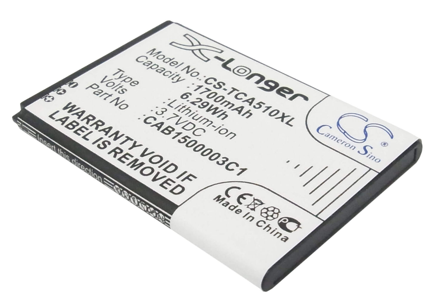 3.7V, 1700mAh, Li-ion Battery fits Tcl, A510, D662, 6.29Wh