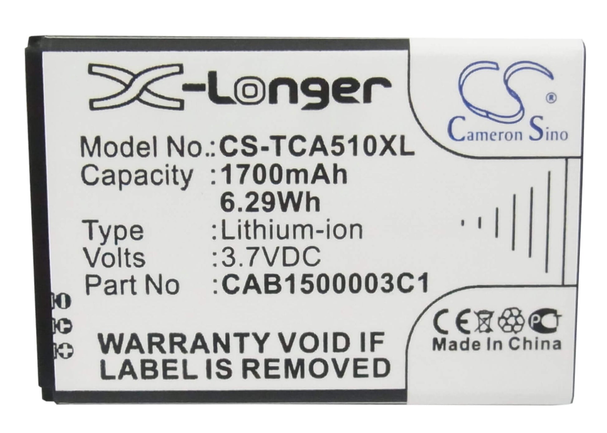 3.7V, 1700mAh, Li-ion Battery fits Tcl, A510, D662, 6.29Wh