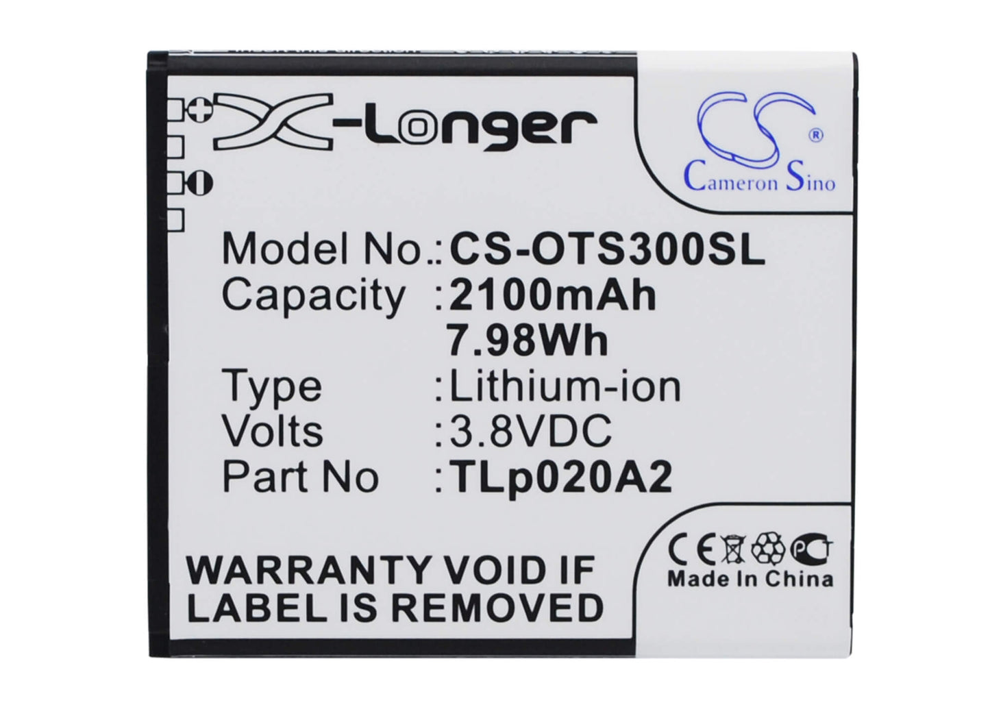 3.8V, 2100mAh, Li-ion Battery fits Alcatel, 5065w-2dalus2, One Touch Pop S3, 7.98Wh