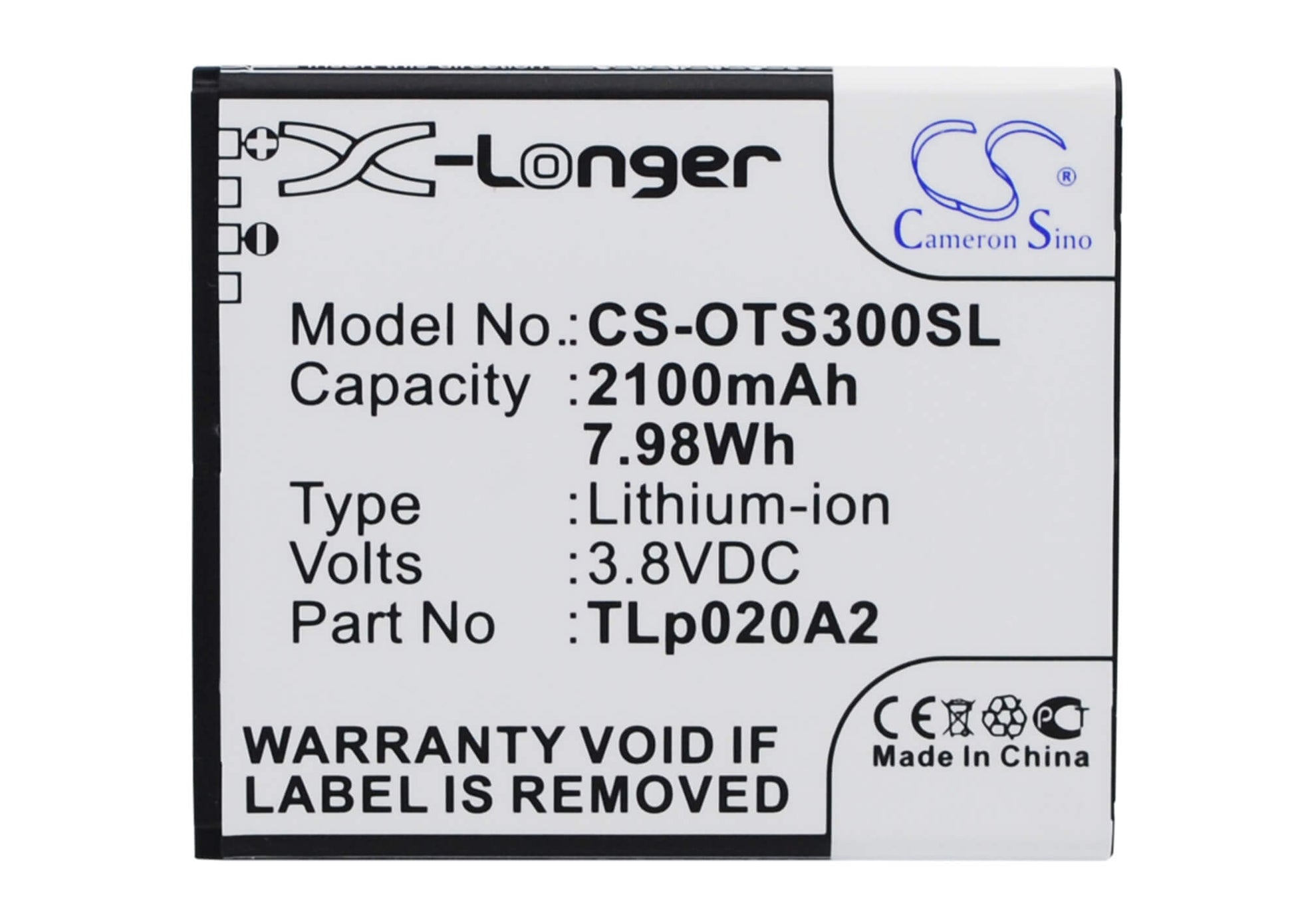 3.8V, 2100mAh, Li-ion Battery fits Alcatel, 5065w-2dalus2, One Touch Pop S3, 7.98Wh