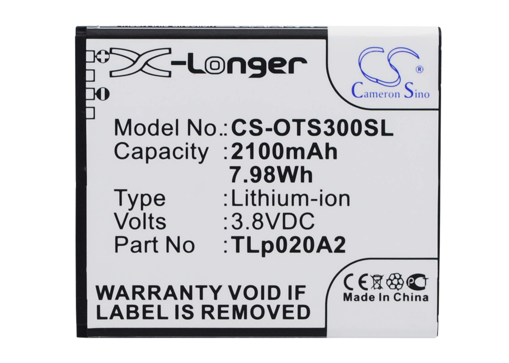 3.8V, 2100mAh, Li-ion Battery fits Alcatel, 5065w-2dalus2, One Touch Pop S3, 7.98Wh