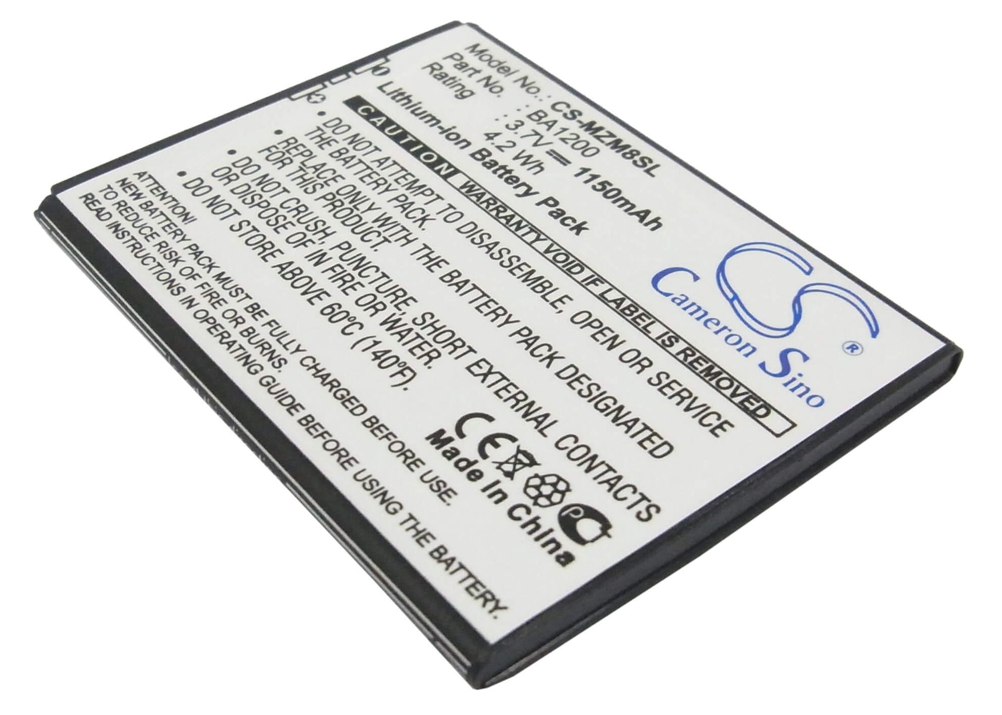 3.7V, 1150mAh, Li-ion Battery fits Meizu, M8, M8 16gb, 4.255Wh