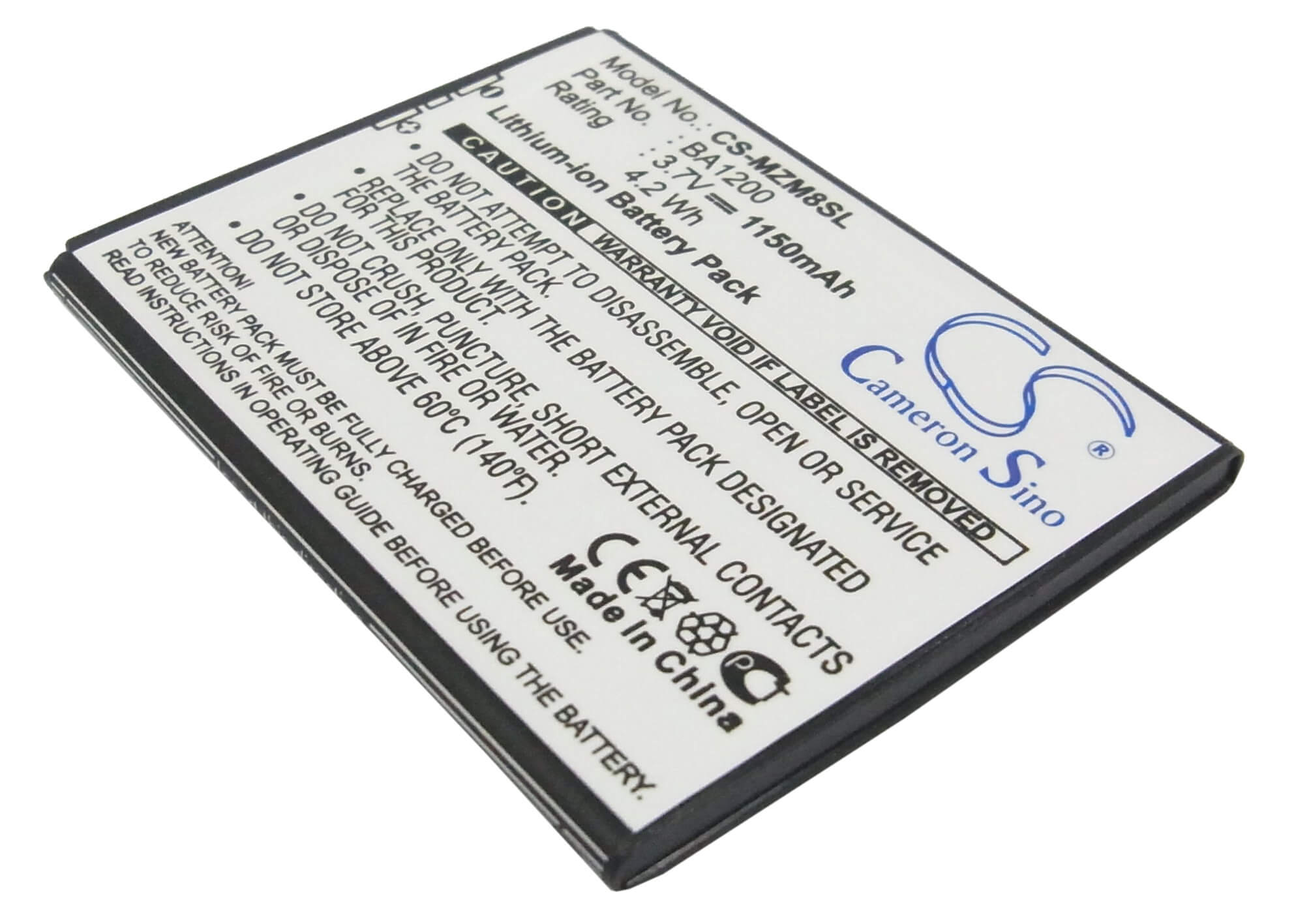 3.7V, 1150mAh, Li-ion Battery fits Meizu, M8, M8 16gb, 4.255Wh