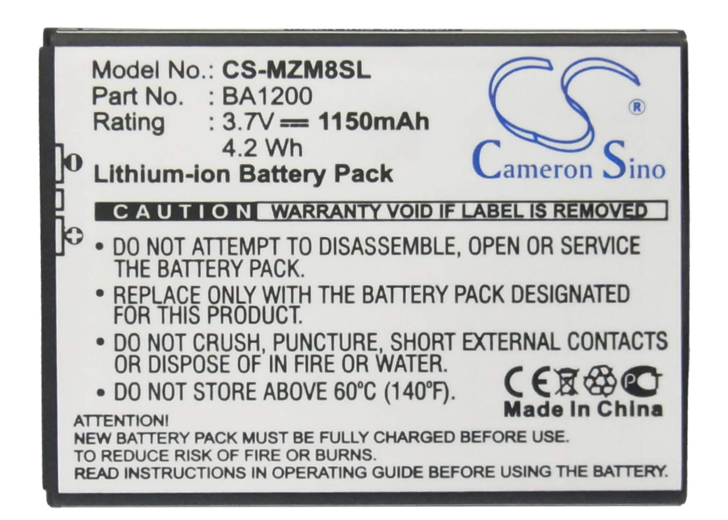 3.7V, 1150mAh, Li-ion Battery fits Meizu, M8, M8 16gb, 4.255Wh