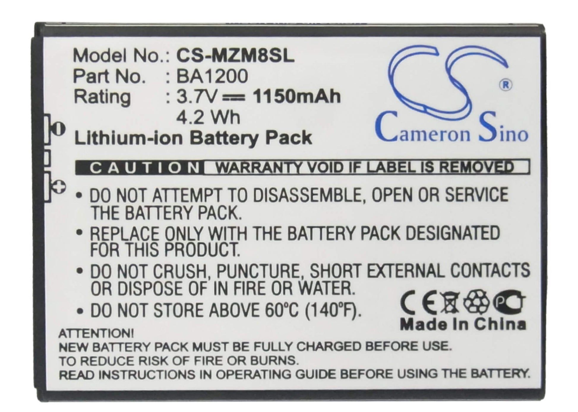 3.7V, 1150mAh, Li-ion Battery fits Meizu, M8, M8 16gb, 4.255Wh