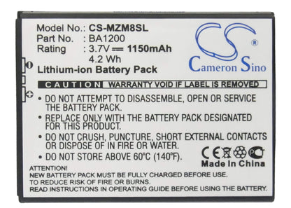 3.7V, 1150mAh, Li-ion Battery fits Meizu, M8, M8 16gb, 4.255Wh
