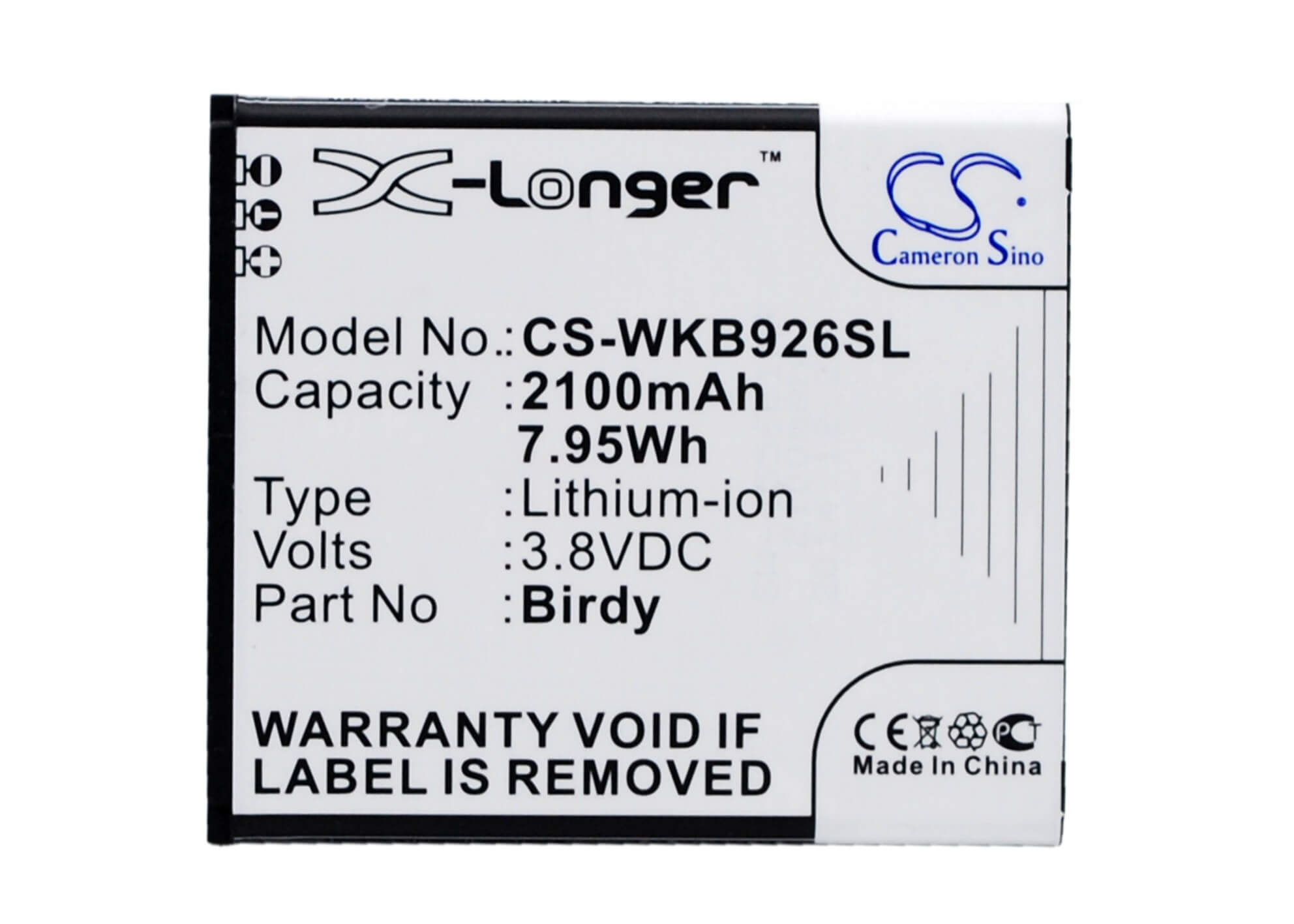 3.8V, 2100mAh, Li-ion Battery fits Wiko, 9261, Birdy, 7.98Wh