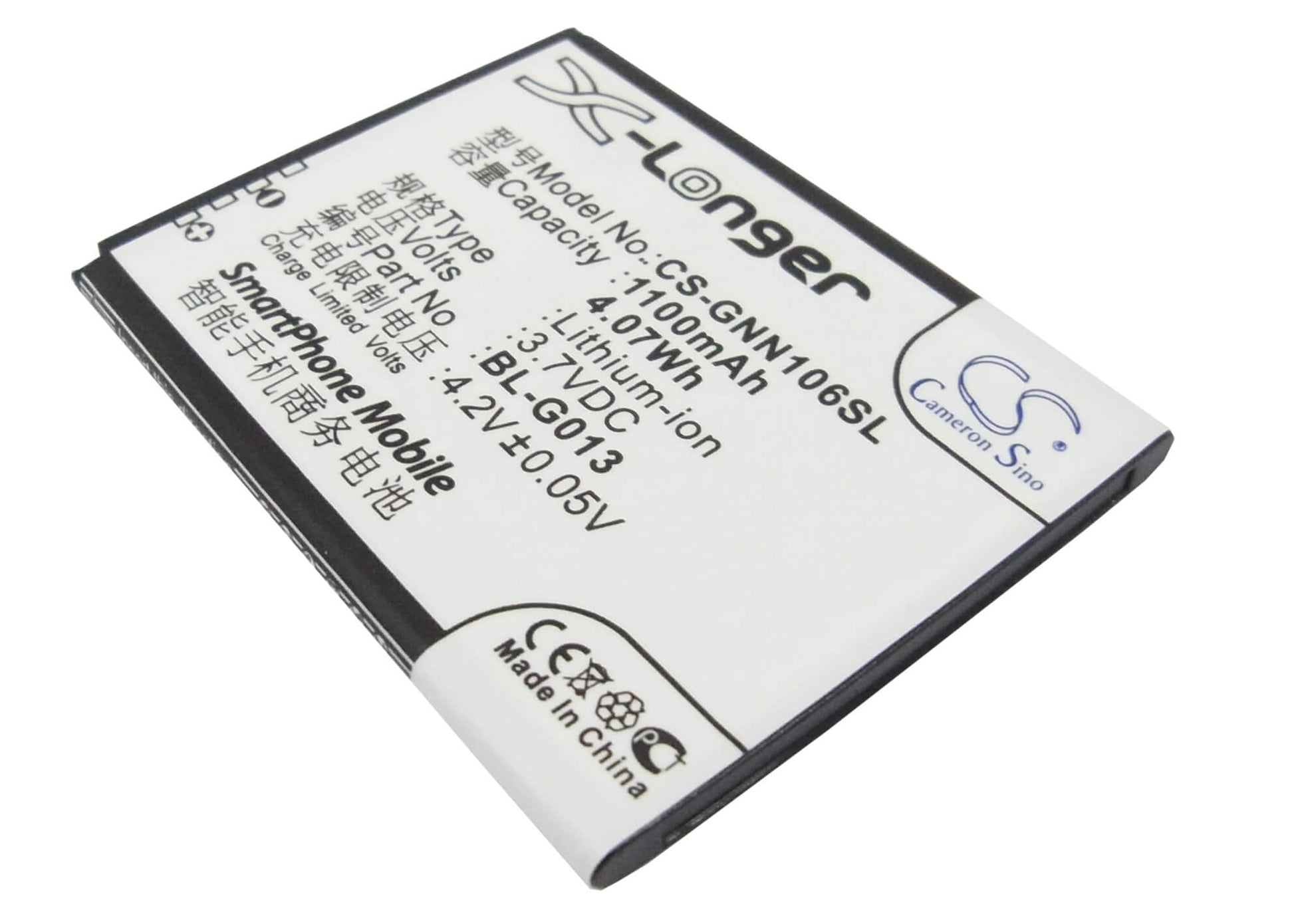 3.7V, 1100mAh, Li-ion Battery fits Gionee, Gn106, Gn109, 4.07Wh