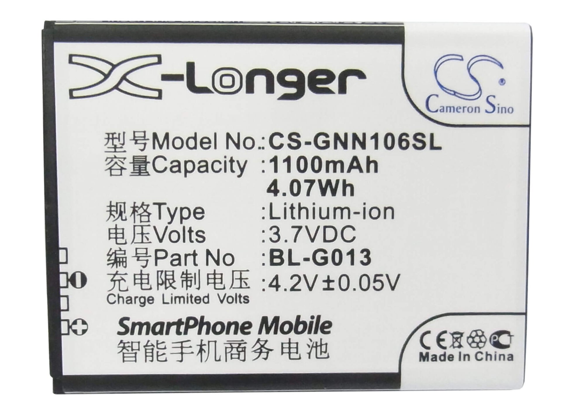3.7V, 1100mAh, Li-ion Battery fits Gionee, Gn106, Gn109, 4.07Wh