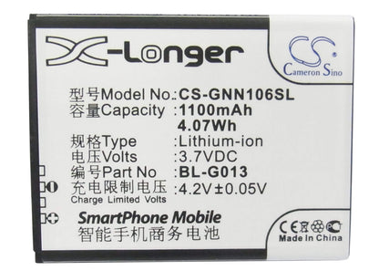 3.7V, 1100mAh, Li-ion Battery fits Gionee, Gn106, Gn109, 4.07Wh