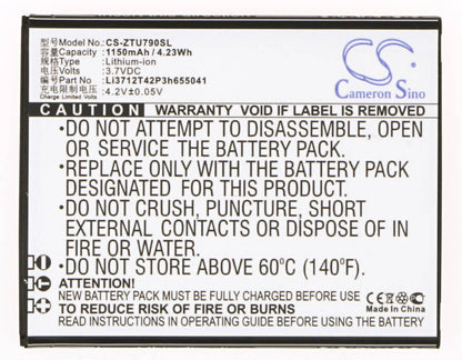 3.7V, 1150mAh, Li-ion Battery fits Zte, Blade C310, L530g, 4.255Wh