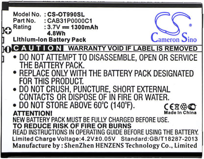 3.7V, 1300mAh, Li-ion Battery fits Virgin Mobile, Venture Vm2045, 4.81Wh