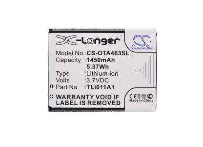 3.7V, 1450mAh, Li-ion Battery fits Alcatel, A463, A463bg, 5.365Wh